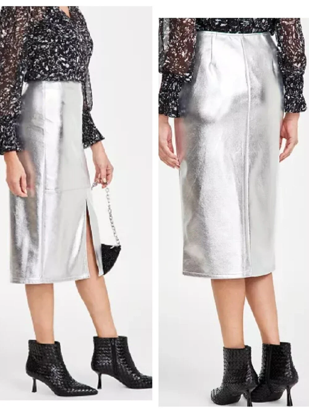 NWT Macy's INC Silver Metallic Faux Leather Front Slit Pencil Midi Skirt Size 12